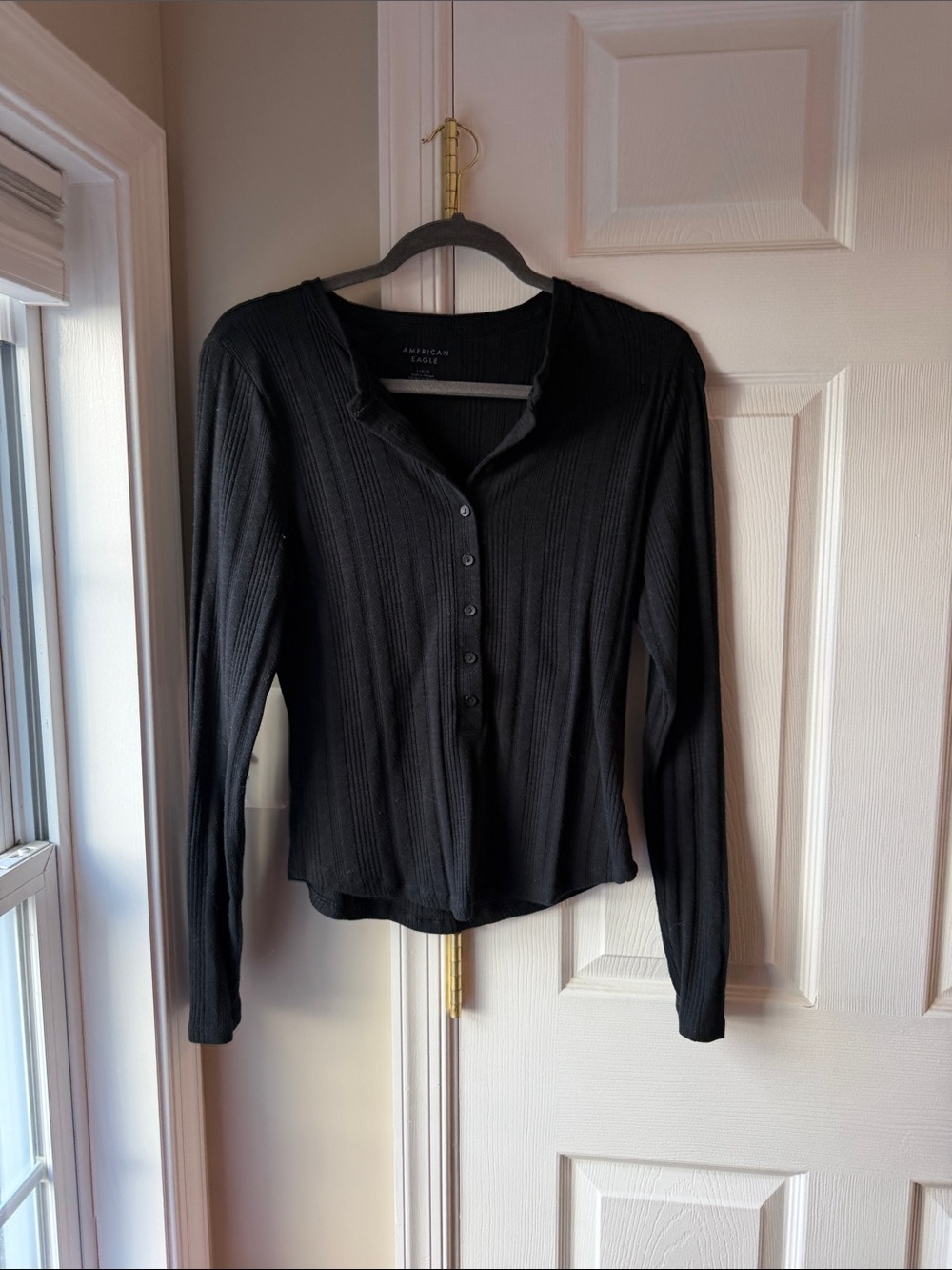 American Eagle Outfitters Black Ribbed Henley Long Sleeve Top